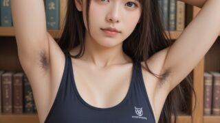 【AI貧乳腋毛画像】図書館で腋毛を見せる貧乳AI美女