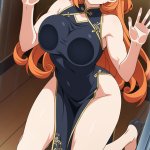 【エロ画像】オレンジ髪ハーフアップ筋肉質×ガラスおっぱい押し付け_AI_アニメエロ画像