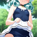 【エロ画像】青髪ハーフアップロリ体型×野外露出_AI_アニメエロ画像