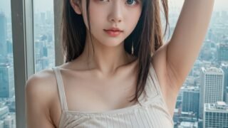 【AI腋フェチ画像】窓から見えるビル群よりもAI美女の腋が気になる