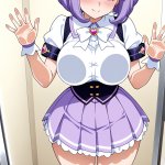 【エロ画像】紫髪外ハネボブ巨乳×ガラスおっぱい押し付け_AI_アニメエロ画像