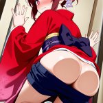 【エロ画像】マゼンタお団子ヘアスレンダー×ガラスお尻押し付け_AI_アニメエロ画像