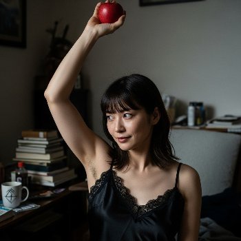 【AI腋フェチ画像】リンゴを掲げるAI美女の腋が見える