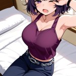 【エロ画像】マゼンタ外ハネボブ巨乳スレンダ×寝起き・パジャマ_AI_アニメエロ画像