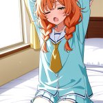 【エロ画像】オレンジ三つ編み細身長身×寝起き・パジャマ_AI_アニメエロ画像