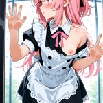 【エロ画像】ピンク髪ハーフアップ貧乳メイド×ガラスおっぱい押し付け_AI_アニメエロ画像