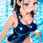 【エロ画像】黒髪セミロング巨乳むっちり×スクール水着_AI_アニメエロ画像