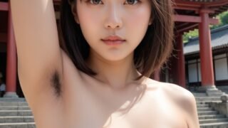 【AI腋毛画像】廃寺にて腋毛とおっぱいを見せるAI美女