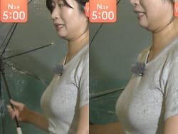 Nスタ傘の持ち方企画で巨乳ADがエロすぎる着衣横乳を晒す