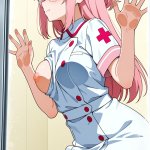 【エロ画像】桜色ハーフアップ巨乳ナース×ガラスおっぱい押し付け_AI_アニメエロ画像
