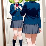 【エロ画像】ライム髪セミロング背高スレンダ×鏡越し_AI_アニメエロ画像