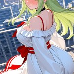 【エロ画像】ライム色ハーフアップ巨乳×野外露出_AI_アニメエロ画像