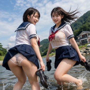 【三次】制服をびしょ濡れにして河原で遊んでる女子校生のAI画像