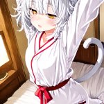 【エロ画像】銀髪サイドテール細身巫女×寝起き・パジャマ_AI_アニメエロ画像