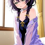 【エロ画像】紫髪ツインおさげ長身貧乳×寝起き・パジャマ_AI_アニメエロ画像