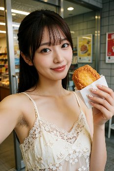 【AI腋毛画像】お菓子のようなものを持って自撮りするAI腋毛美女
