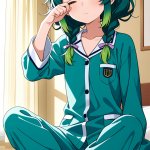 【エロ画像】水色おさげ長身貧乳×寝起き・パジャマ_AI_アニメエロ画像