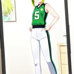 【エロ画像】ライム色ハイポニーテール細身×鏡越し_AI_アニメエロ画像