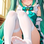 【エロ画像】翠色ツインテール高身長スレンダ×足コキ_AI_アニメエロ画像