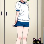 【エロ画像】ライム色くせ毛ショート貧乳×体操服・ブルマ_AI_アニメエロ画像