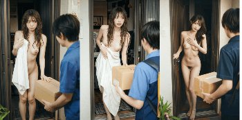 全裸で宅配荷物を受け取るAI美女【AIエロ画像】