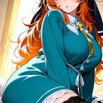 【エロ画像】オレンジセミロング巨乳むっちり×寝起き・パジャマ_AI_アニメエロ画像