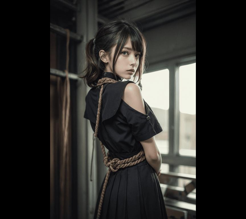 後ろ姿の縛られた美女が男に脱がされて全裸になる